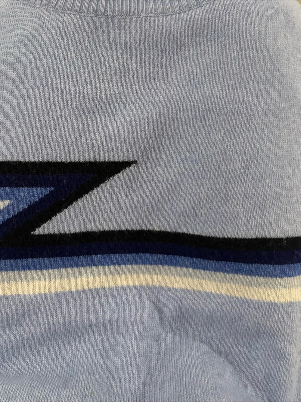 LUELLA cashmere wool crewneck pullover sweater med/dark blue white strip sleeves